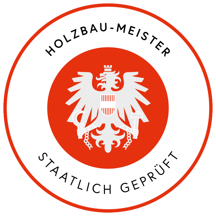 Rundes Logo mit einem schwarzen, weißen und roten Design. Oben steht 'Holzbau-Meister' und unten 'Staatlich Geprüft'. In der Mitte befindet sich eine weiße Adlerfigur auf rotem Hintergrund.