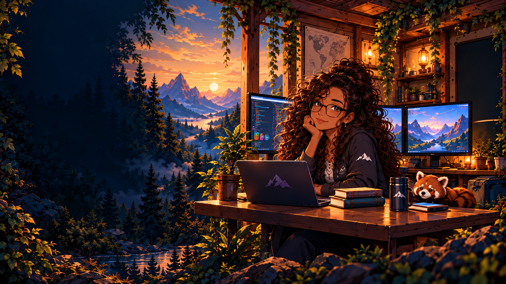 Drift Haven traveler with caramel-highlighted curls and a red panda at a three-monitor workstation overlooking sunset mountains.