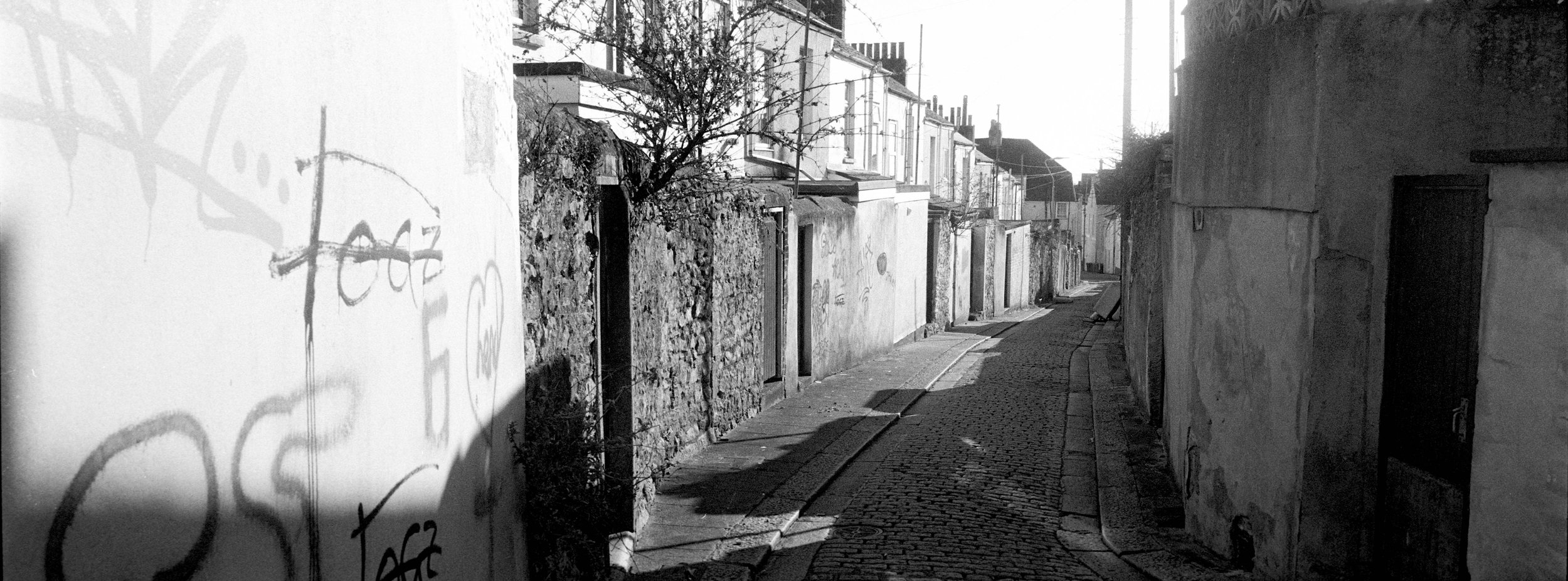 Black and white photo of a narrow cobblestone alleyway between old buildings with graffiti on the left wall and trees in the background.