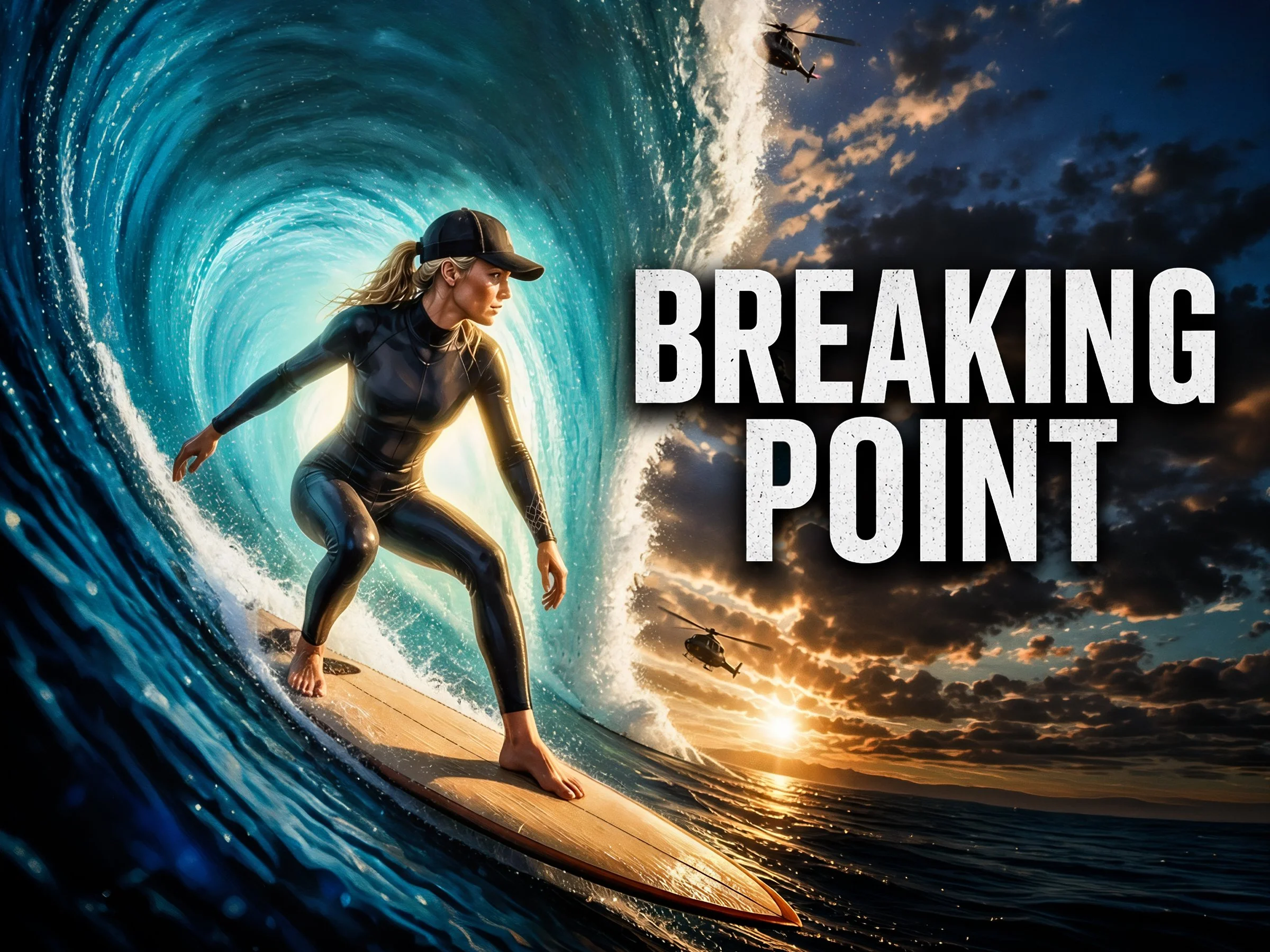 A woman in a wet suit and cap surfing on a wave during sunset, with helicopters and an airplane in the sky and the words 'Breaking Point' overlaid.