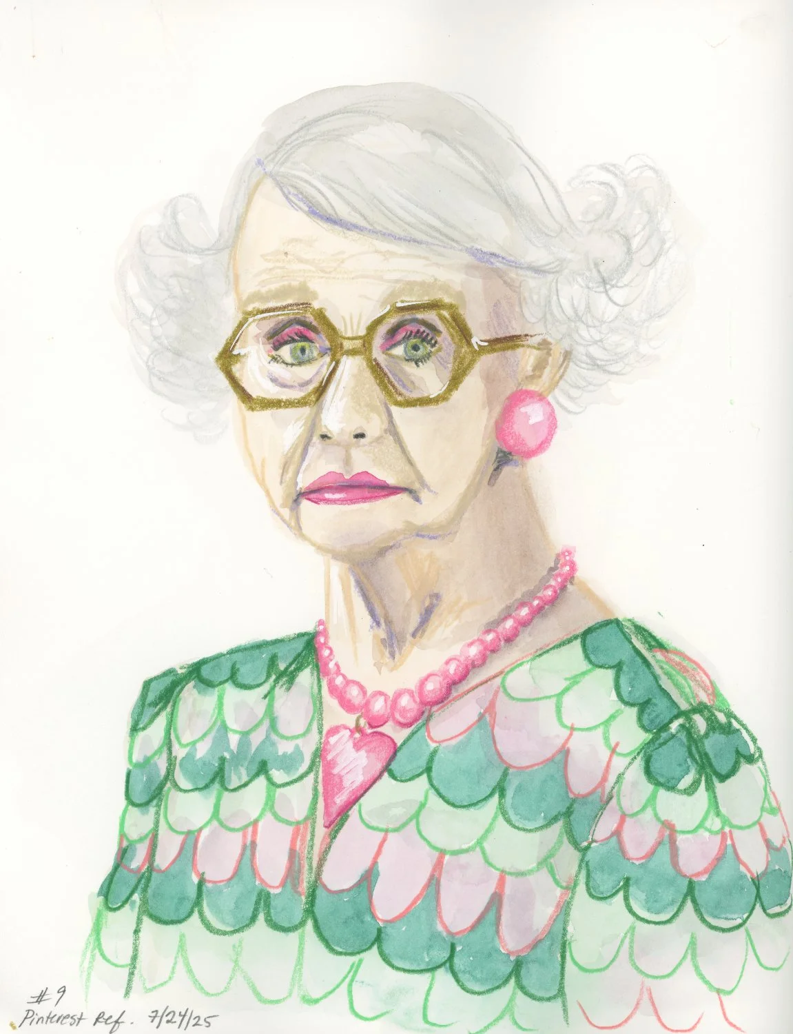 A watercolor portrait of an elderly woman with gray hair, wearing glasses, pink earrings, and a pink beaded necklace. She is dressed in a colorful garment with a scalloped pattern of green, pink, and blue.