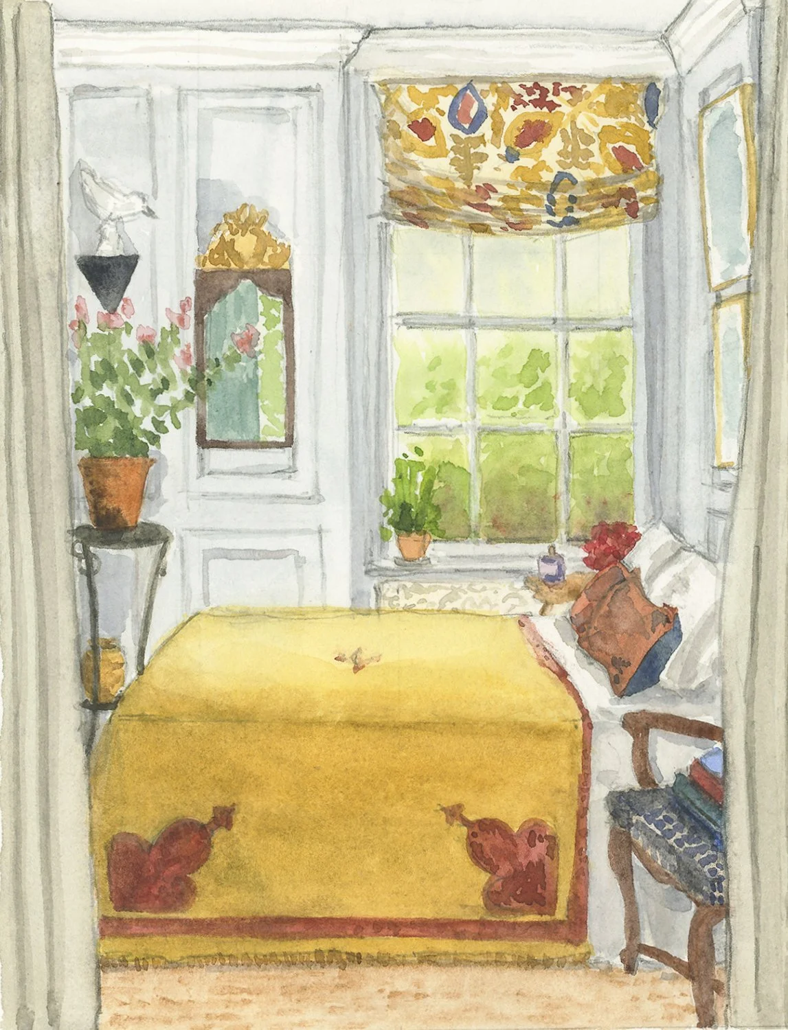 Interior decor illustration of a bedroom with a gold, blue, and green theme (watercolor and pencil)