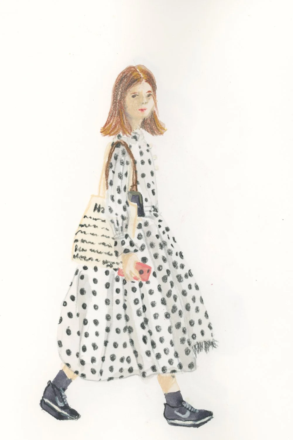 Hand-drawn illustration of a woman walking, wearing a long polka dot dress, black shoes, carrying a beige tote bag and holding a phone, with a neutral background.