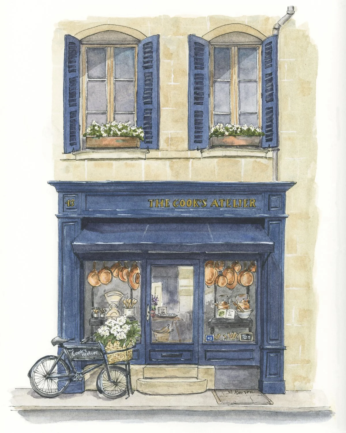Shop front illustration of kitchen store The Cook's Atelier in Beaune, France (watercolor and ink)