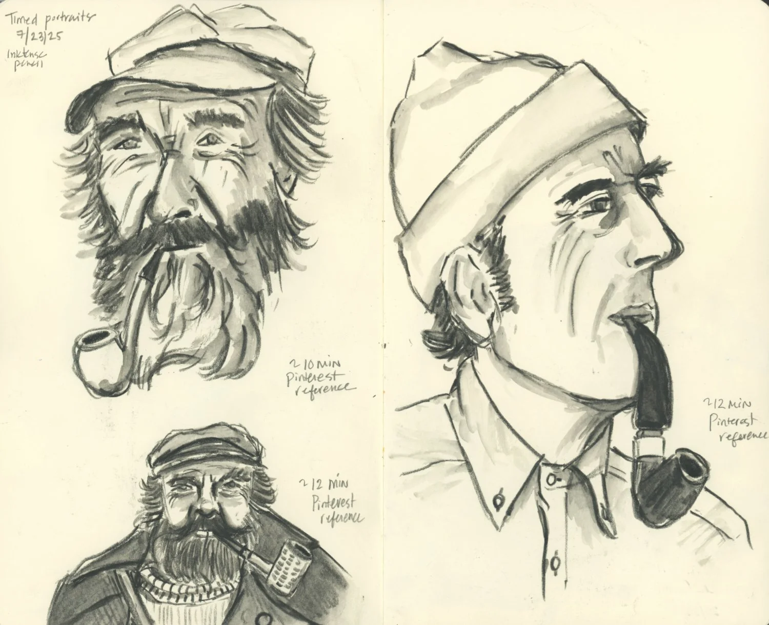 Black and white sketches of three men with beards, all wearing hats and smoking pipes, with notes indicating each took about 10 to 12 minutes. All men have a seafaring look to them. 