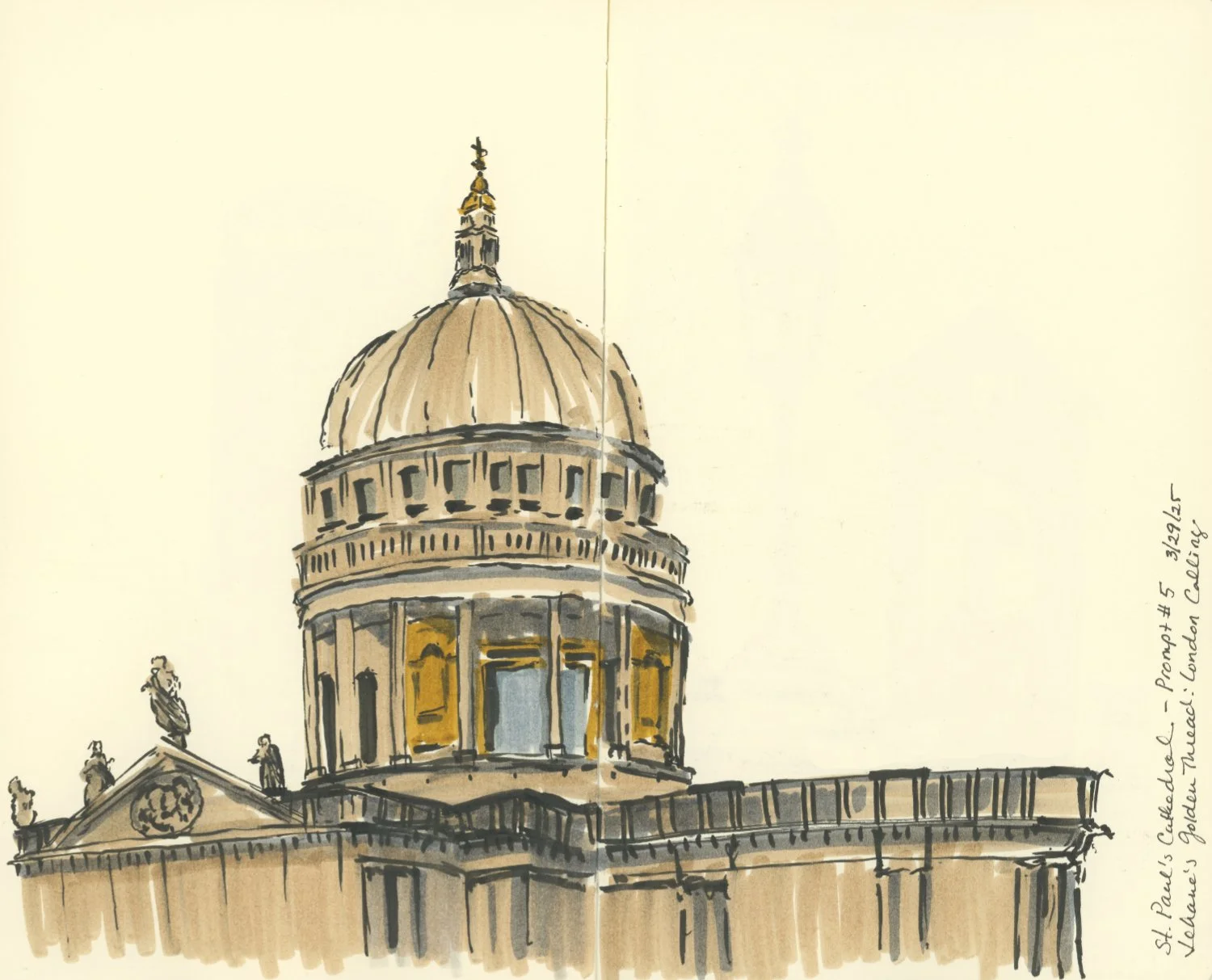 A marker sketch of St. Paul's Cathedral in London, focusing on the dome and upper facade, with expressive line work.
