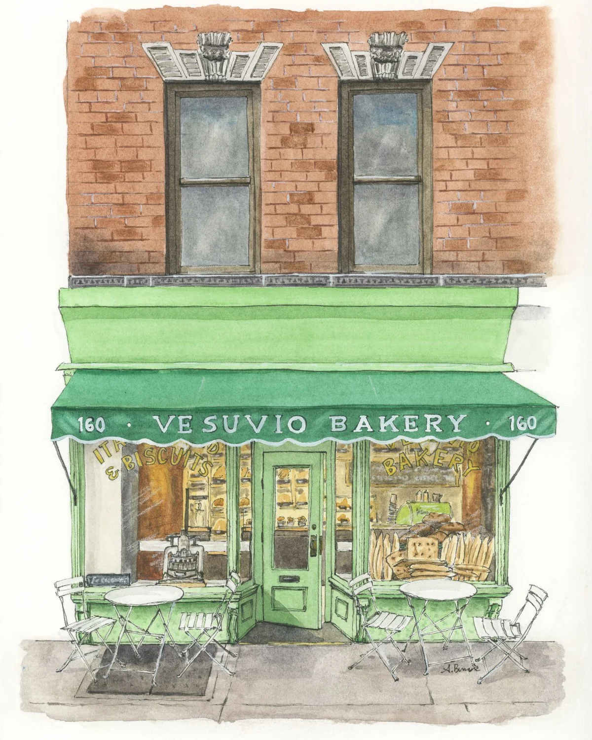 A watercolor illustration of the storefront of Vesuvio Bakery, with a green canopy displaying the name. The bakery window shows baked goods and a sign that says biscotti & bakery, with outdoor tables and chairs in front.