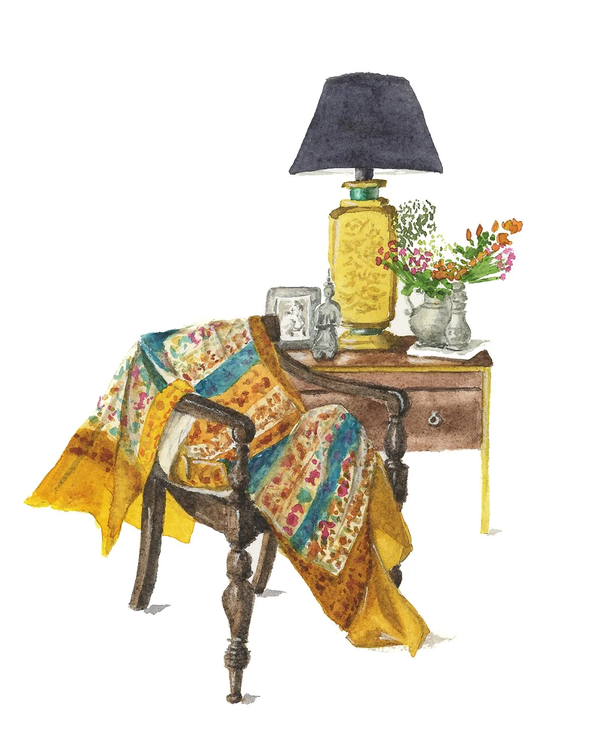 Watercolor painting of an interior scene featuring a wooden chair with a colorful patterned blanket, a small wooden side table with a yellow lamp, framed photo, small statue, and vases with flowers.