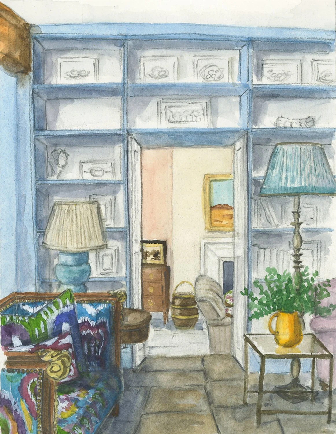 Interior decor illustration of a blue room with bookshelves and a batik sofa (watercolor and pencil)