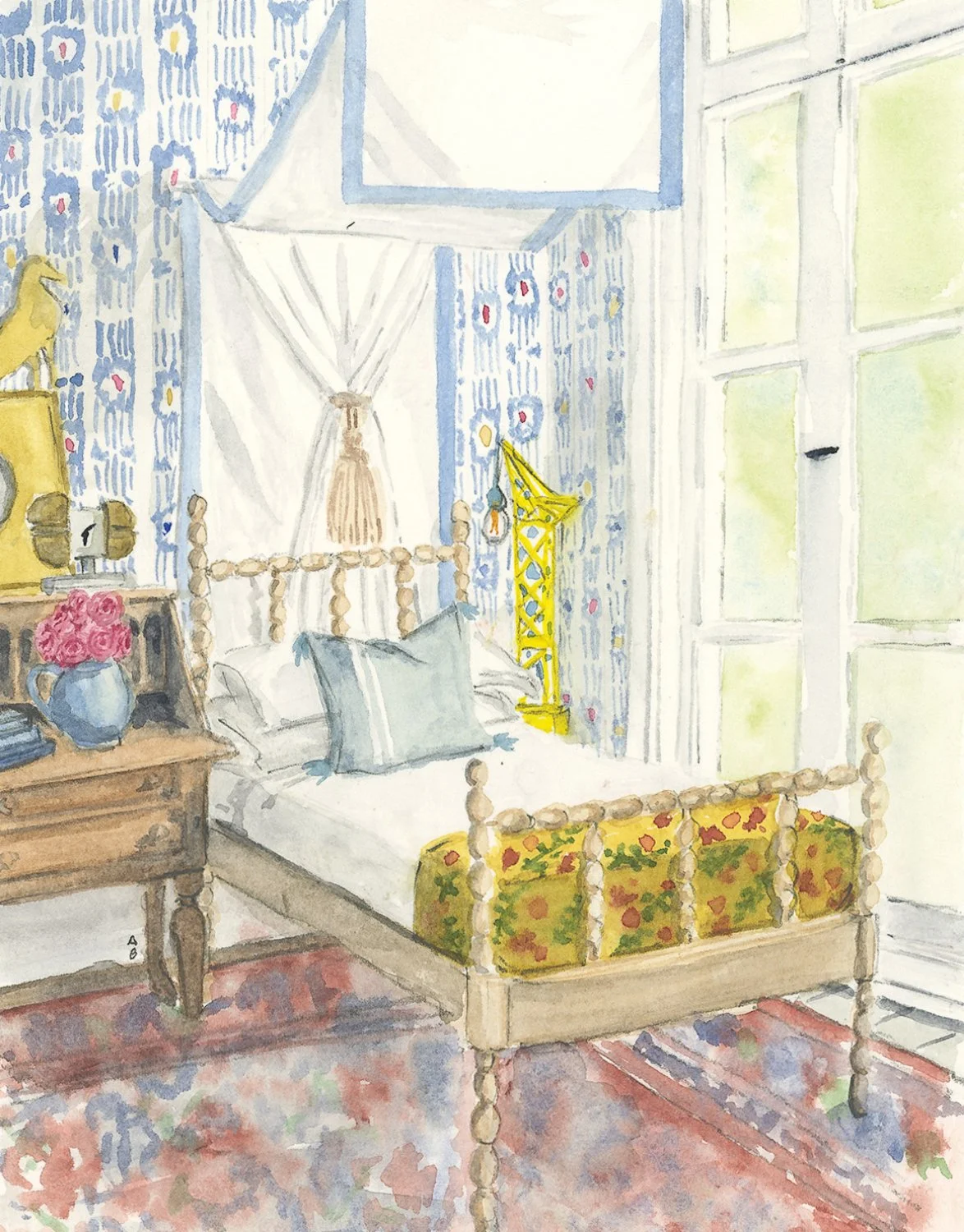 Interior decor illustration of a child's bedroom with a whimsical blue and yellow theme (watercolor and pencil)