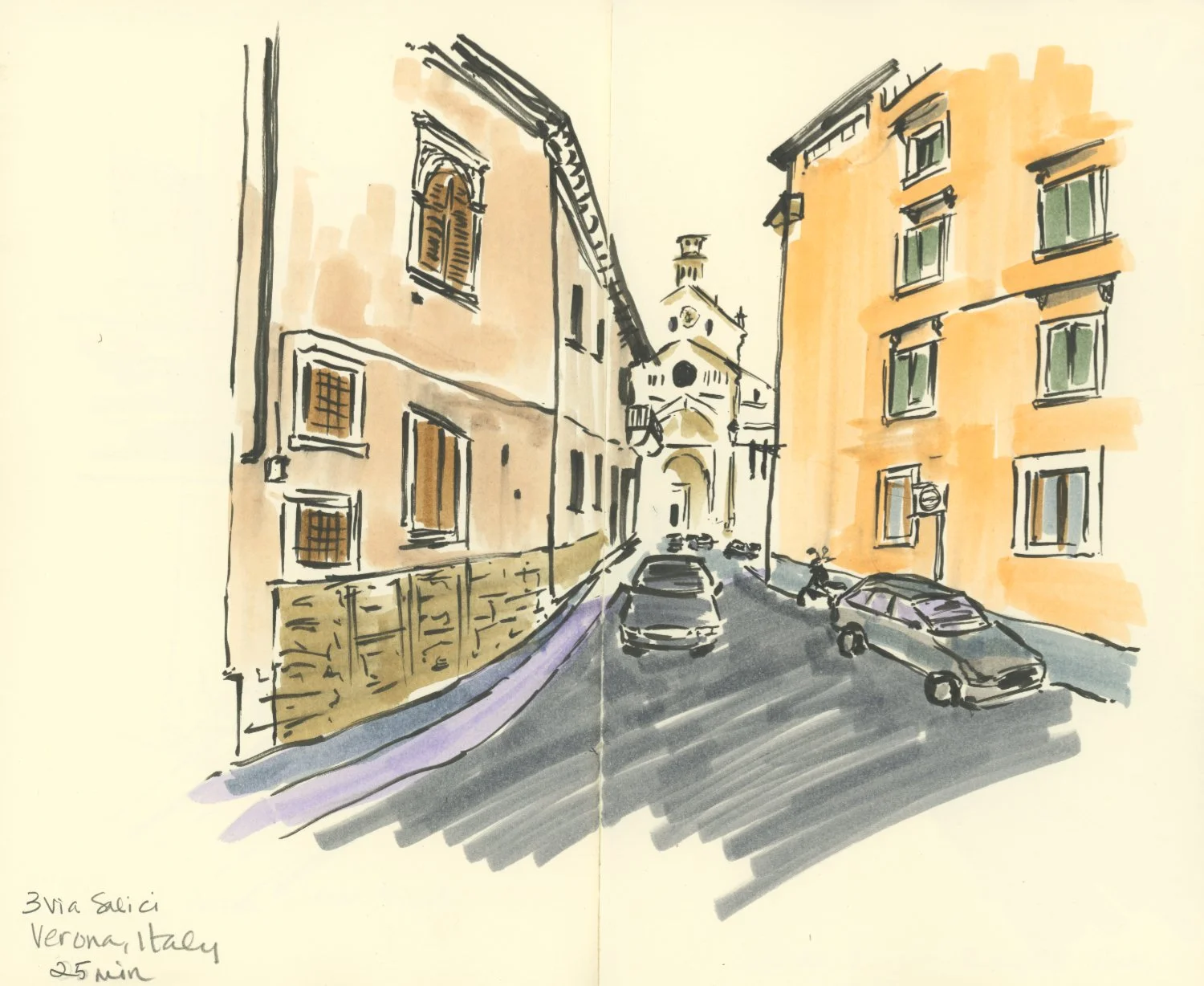 A marker sketch of a narrow street in Verona, Italy, with cars parked along the sides and historical buildings on both sides, leading up to an archway and a church steeple in the distance.