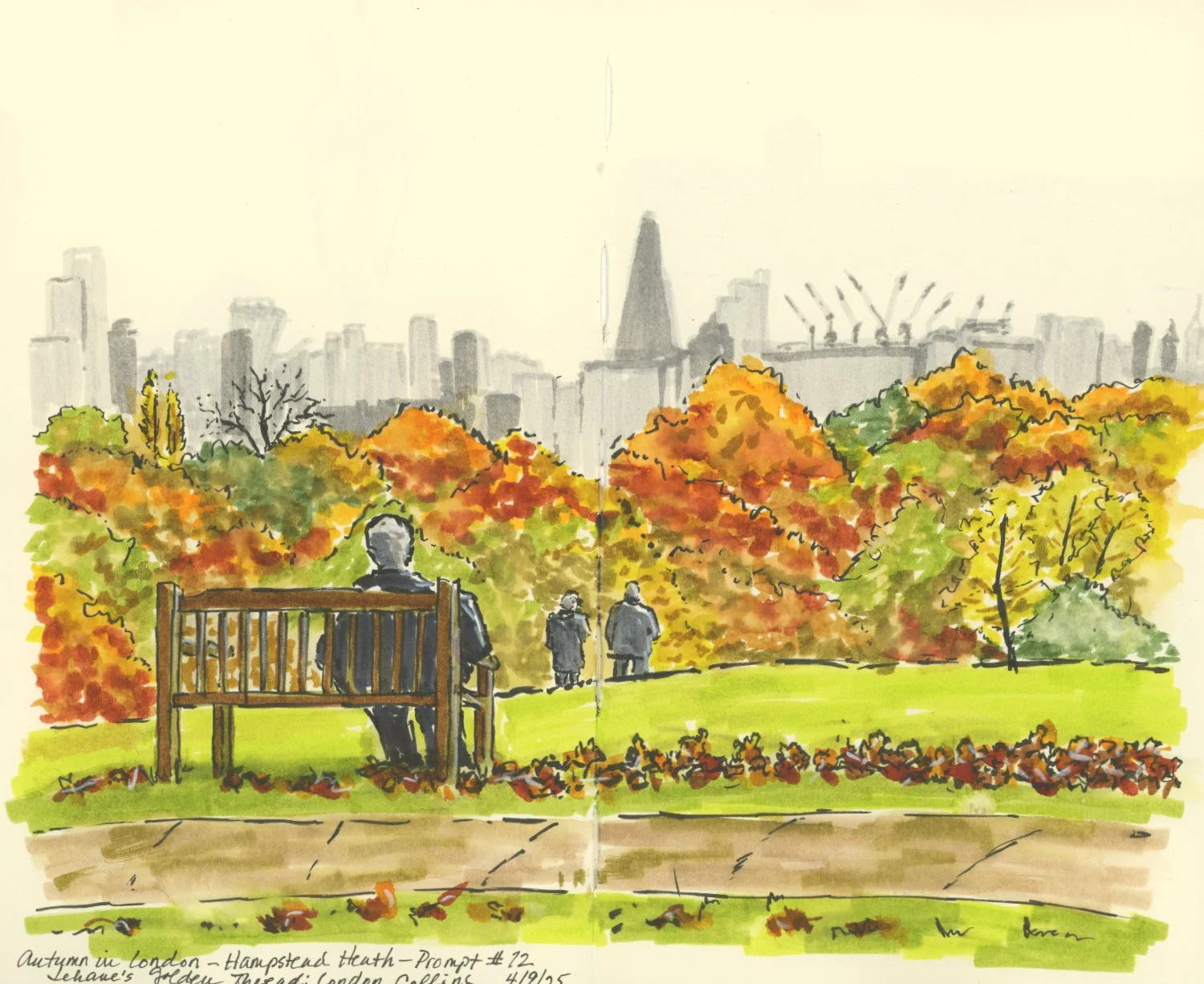 Marker sketch of Hampstead Heath in London during autumn, with colorful trees, a person sitting on a park bench, and city buildings in the background.
