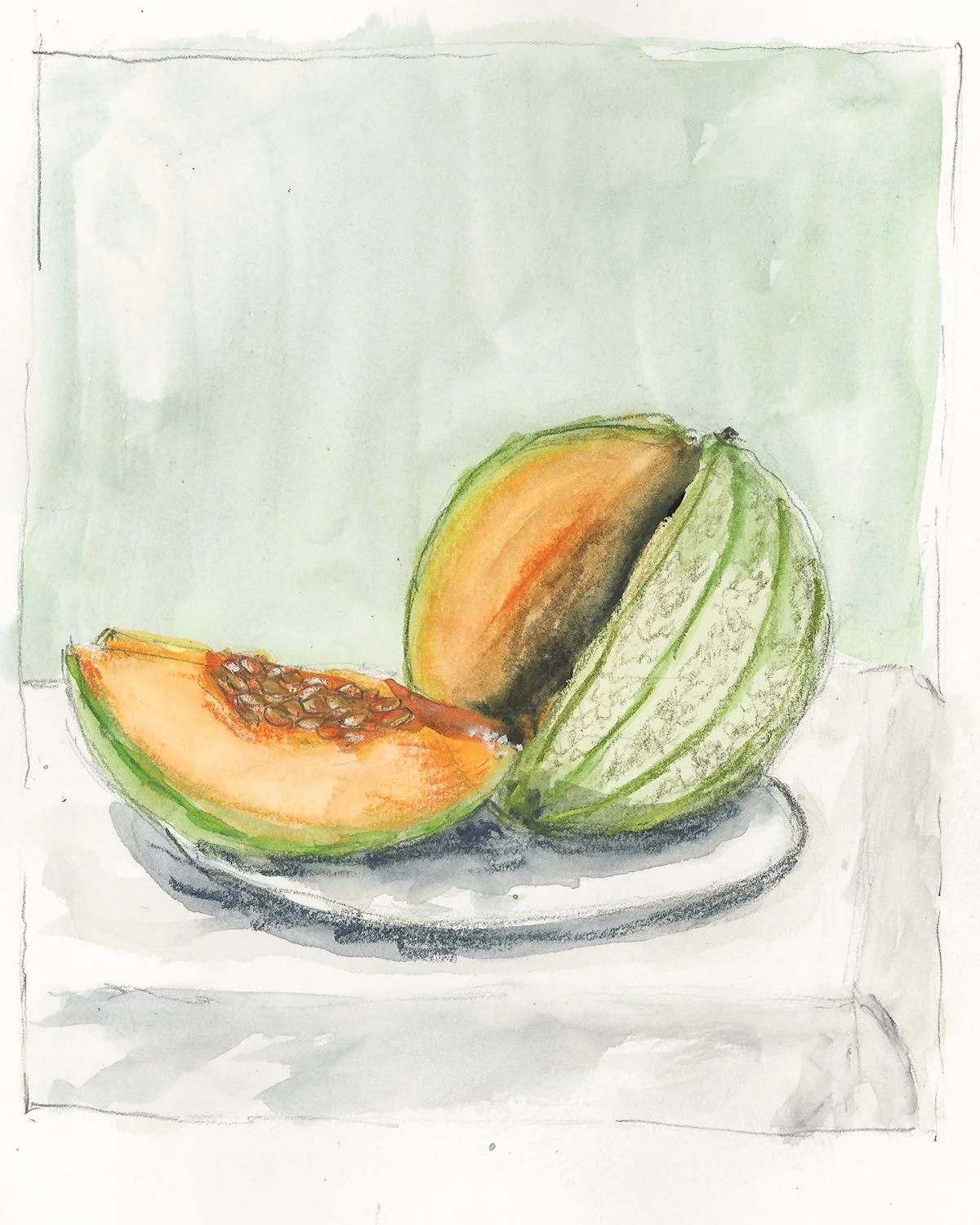 A watercolor sketch of a cantaloupe melon, with one half sliced open showing orange flesh and seeds, placed on a white surface with a pale green background.