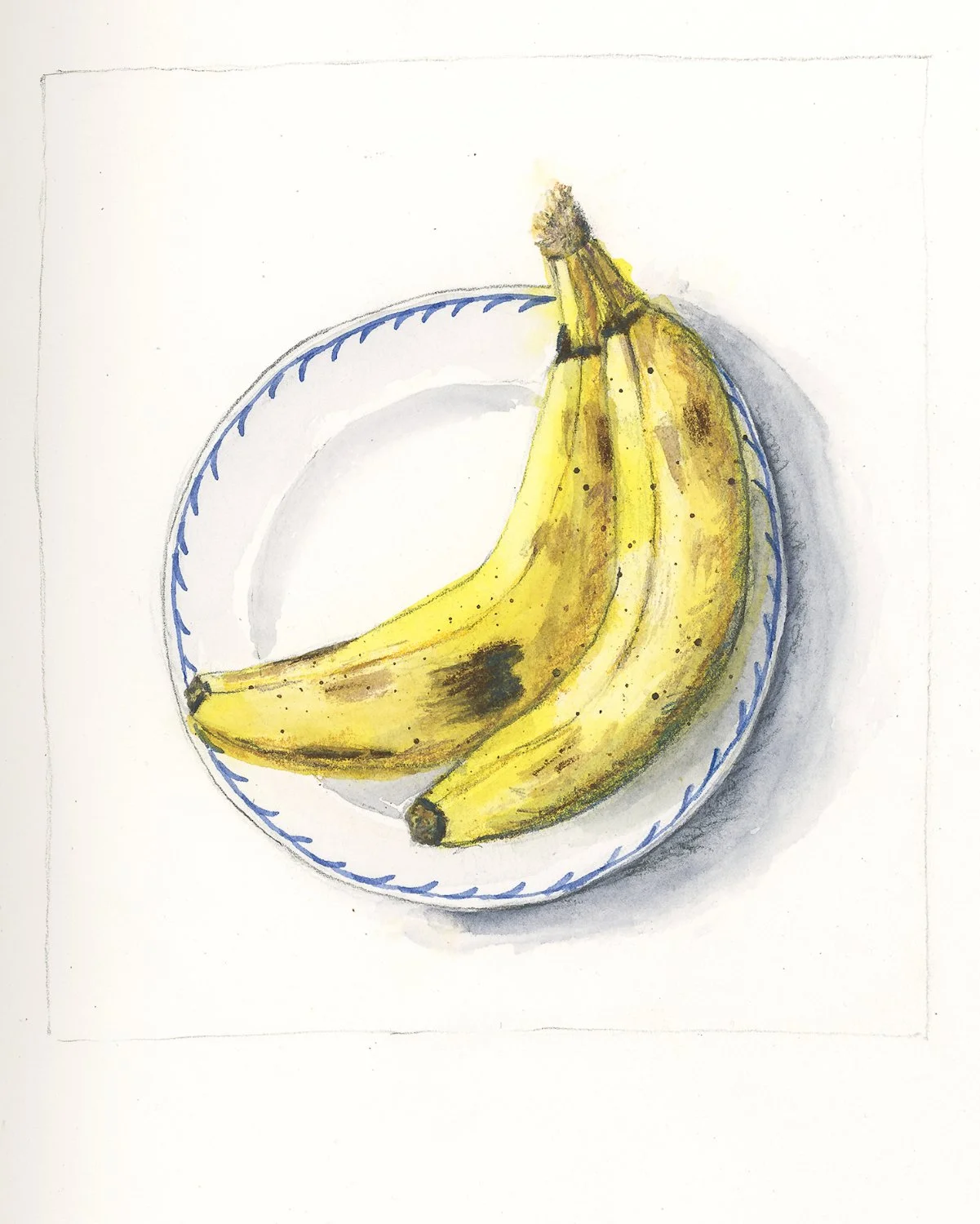 Watercolor painting of two ripe bananas on a white plate with a blue decorative border, casting a shadow.