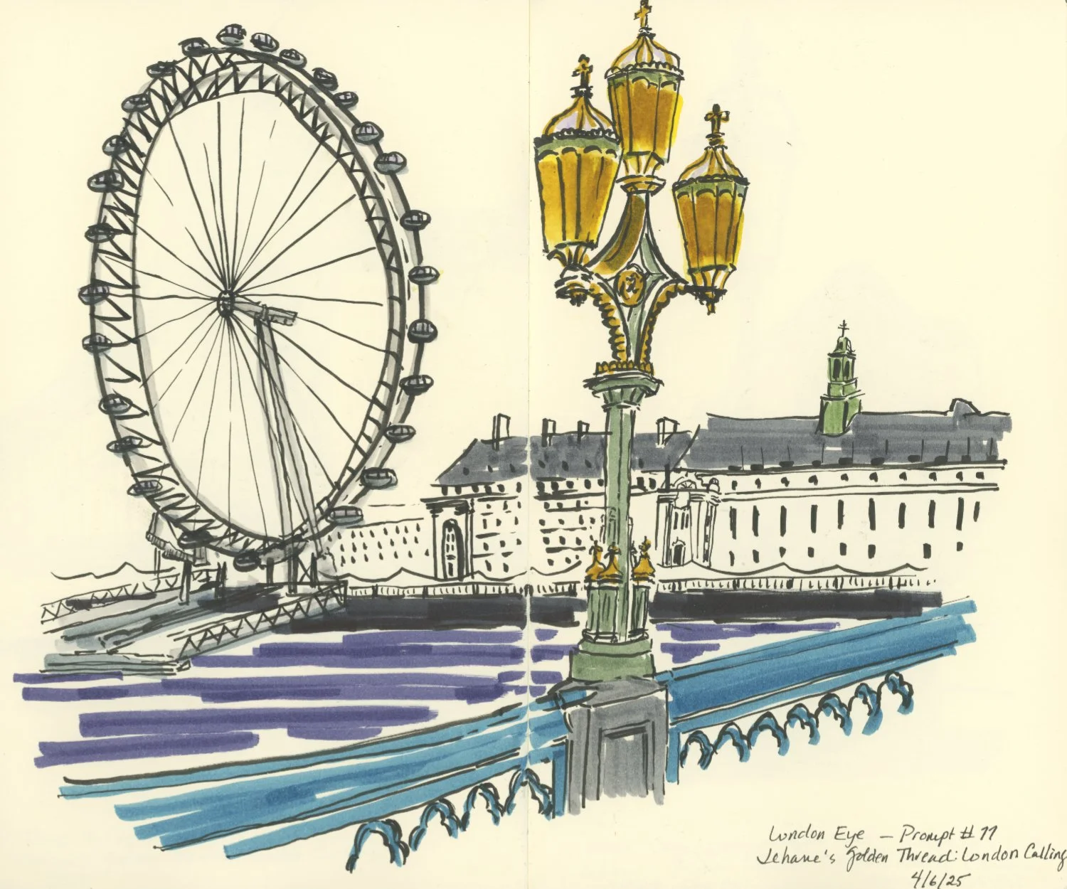 A marker sketch of the London Eye Ferris wheel, a decorative street lamp, historic buildings, and a bridge with ornate railings, all in a cityscape scene.