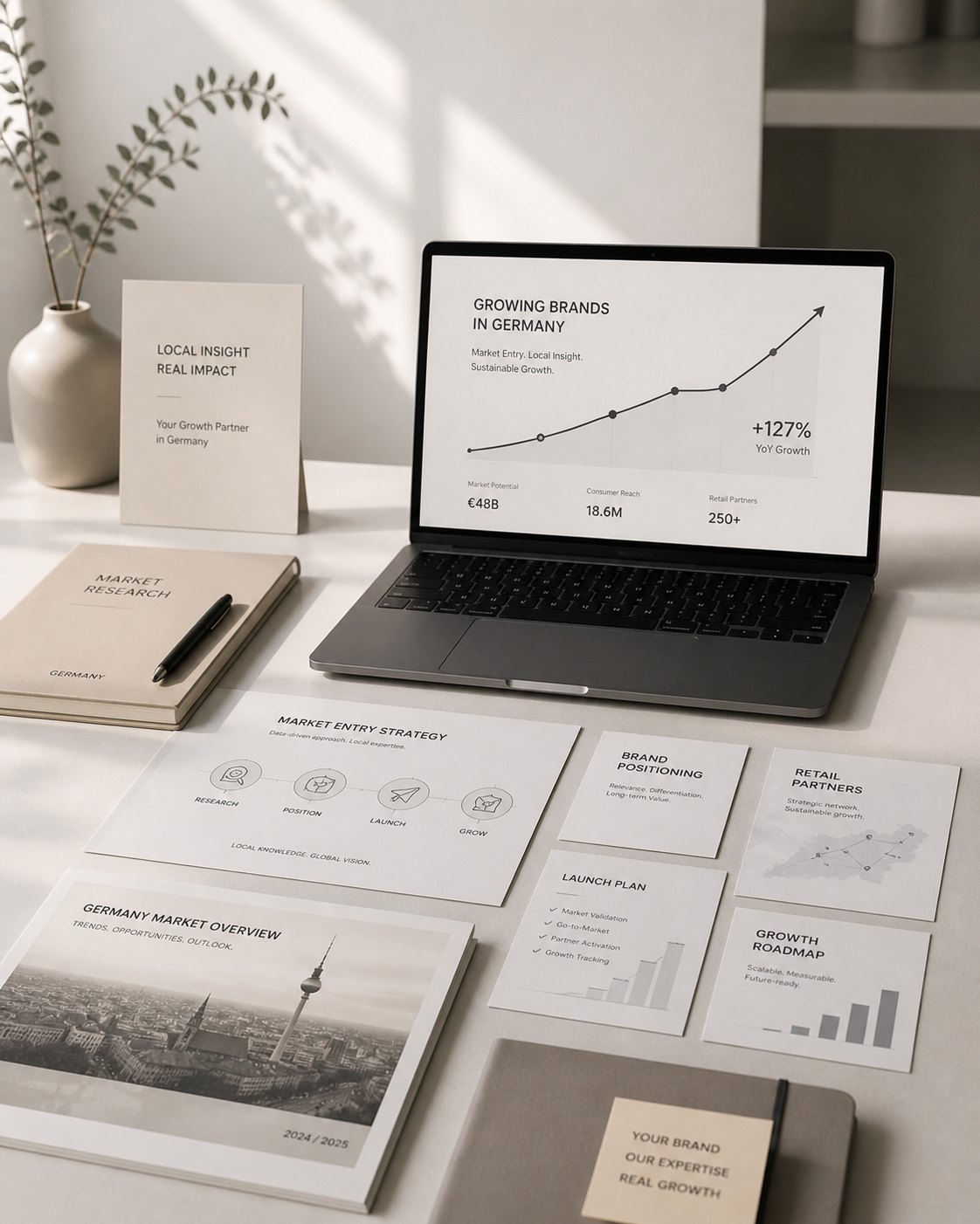Laptop displaying a graph and text about growing brands in Germany, with market data. Surrounding items include a plant in a vase, a notebook labeled "Market Research" with a pen, printed presentation sheets on market entry strategy, brand positioning, growth roadmap, and a brochure titled "Germany Market Overview." There are also business cards and a closed notebook on the desk.