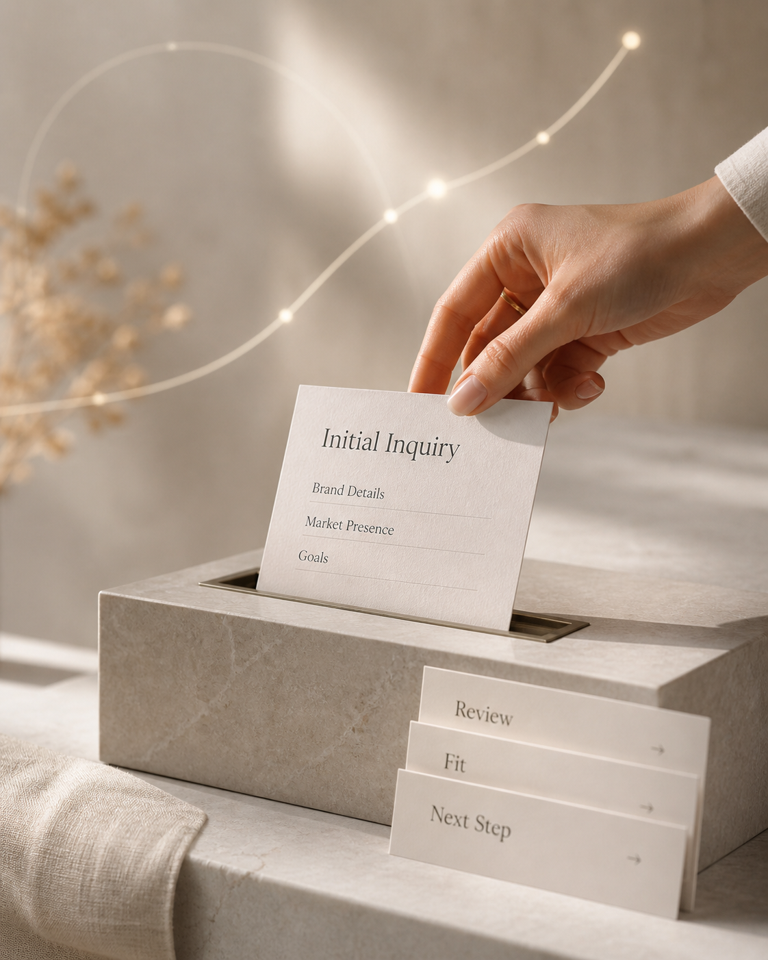 A hand placing a card titled 'Initial Inquiry' with sections for brand details, market presence, and goals into a box. Next to the box are three cards labeled 'Review,' 'Fit,' and 'Next Step,' on a neutral-colored surface with a blurred background and light effects.