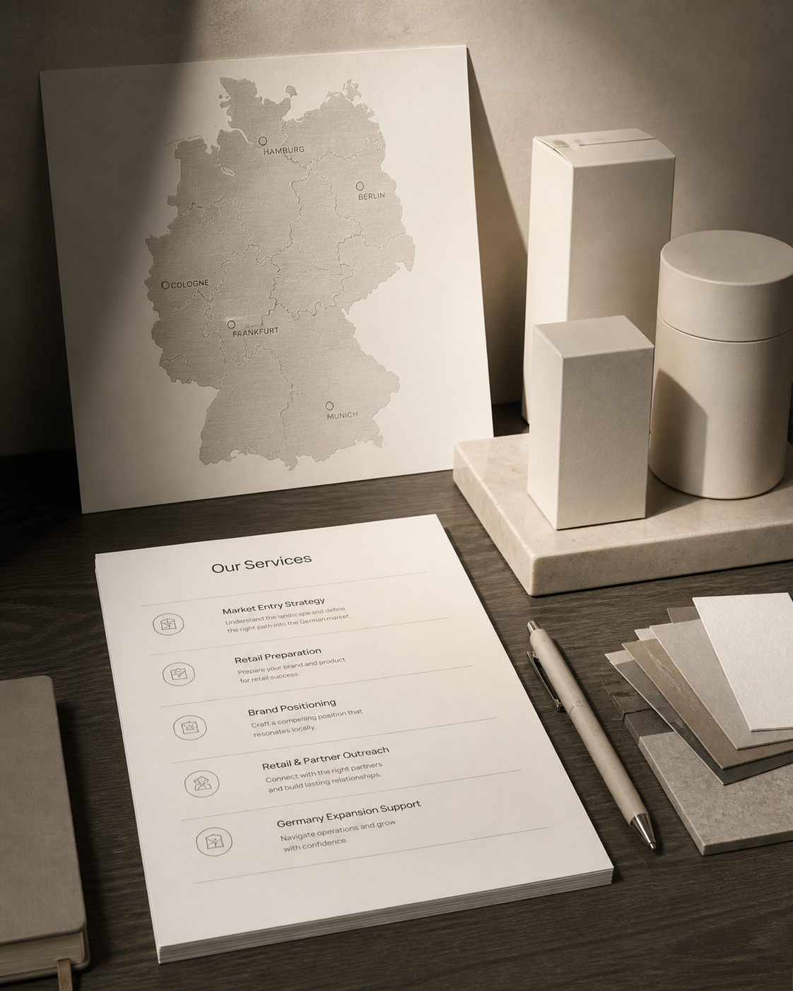 A desk scene featuring a map of Germany on a board, a chart with bar graphs, a list of services, and color samples, with a pen and stationery.