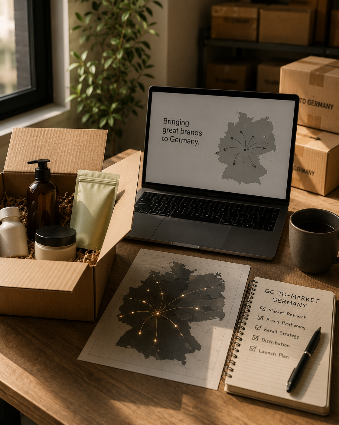 Open cardboard box containing bottles and pouches, an open laptop displaying the map of Germany with text 'Bringing great brands to Germany,' a printed map of Germany with illuminated routes, a notebook with 'Go-to-market Germany' plan, and a black coffee mug on a wooden desk. In the background, boxes labeled 'to Germany' and a potted plant by a window.
