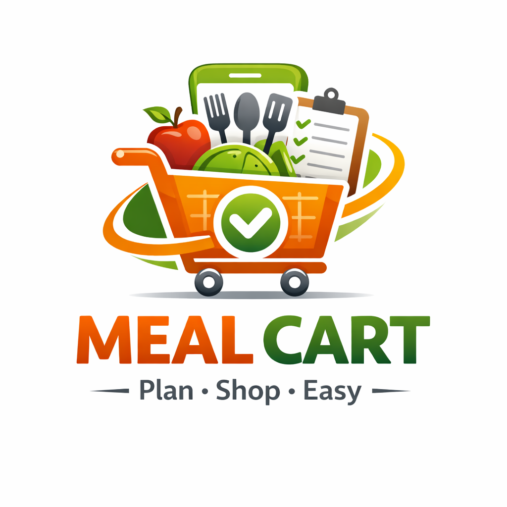 A logo for Meal Cart featuring a shopping cart filled with healthy foods like an apple, a green bell pepper, and a fork, with a smartphone, a checklist, and a swoosh design. The text says "Meal Cart" with the tagline "Plan Shop Easy."