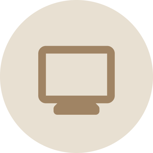 Icon of a desktop computer monitor with a brown outline on a beige circular background.