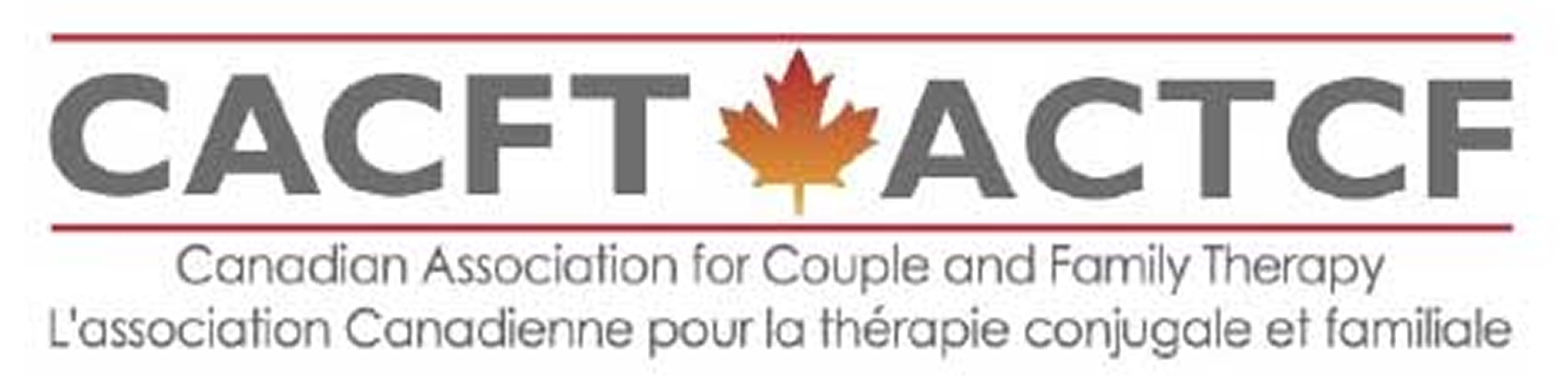 Logo for CAGFT, the Canadian Association for Couple and Family Therapy, featuring a red maple leaf in the center with the organization's name in bold gray letters, and the full name in English and French below.