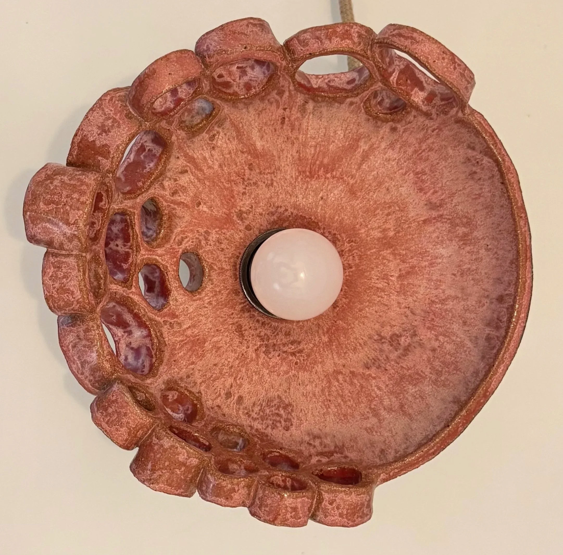 Close-up of sliced salami arranged in a circle with a white plastic or ceramic object in the center on a white background.