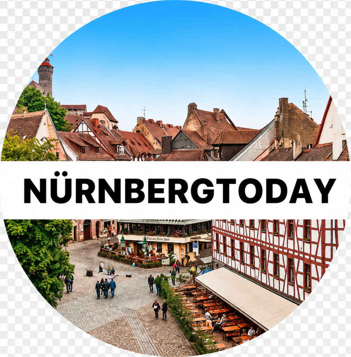 Eine Stadtszene in Nürnberg mit traditionellen Fachwerkhäusern, einem Platz mit Tischen im Freien und einer Burg im Hintergrund, unter einem klaren blauen Himmel.