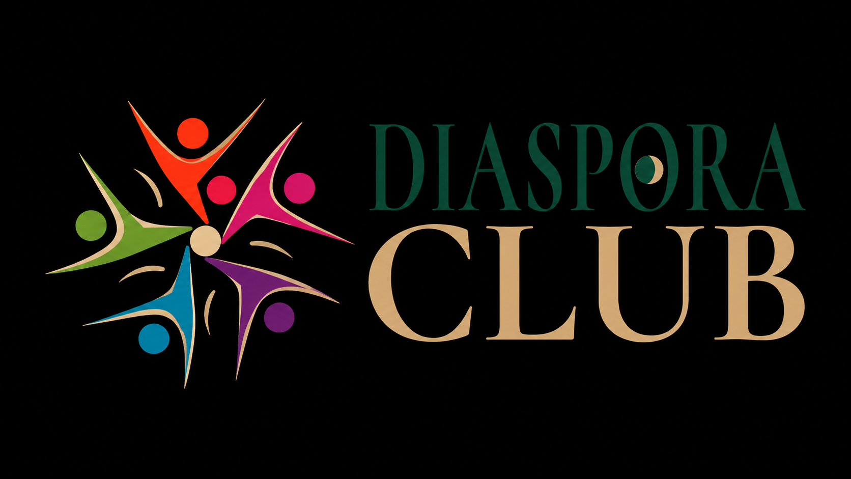 Logo des Diaspora Clubs mit farbenfrohen stilisierten Figuren und dem Text 'DIASPORA CLUB' auf schwarzem Hintergrund.