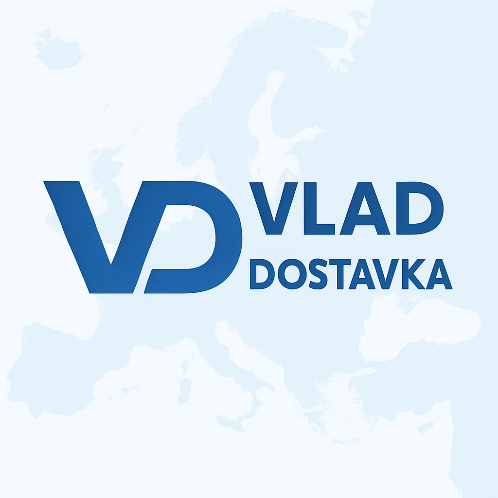 Logo mit dem Text „VD VLAD DOSTAVKA“ auf einer Weltkarte Europas im Hintergrund