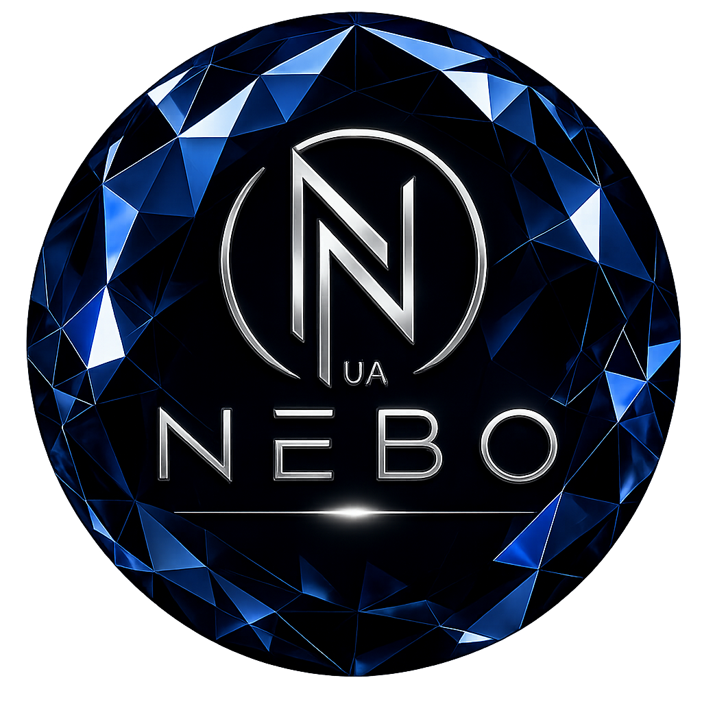 Ein geometrischer blauer Kristallknopf mit einem Logo in der Mitte, das den Buchstaben N, UA und NEBO zeigt.
