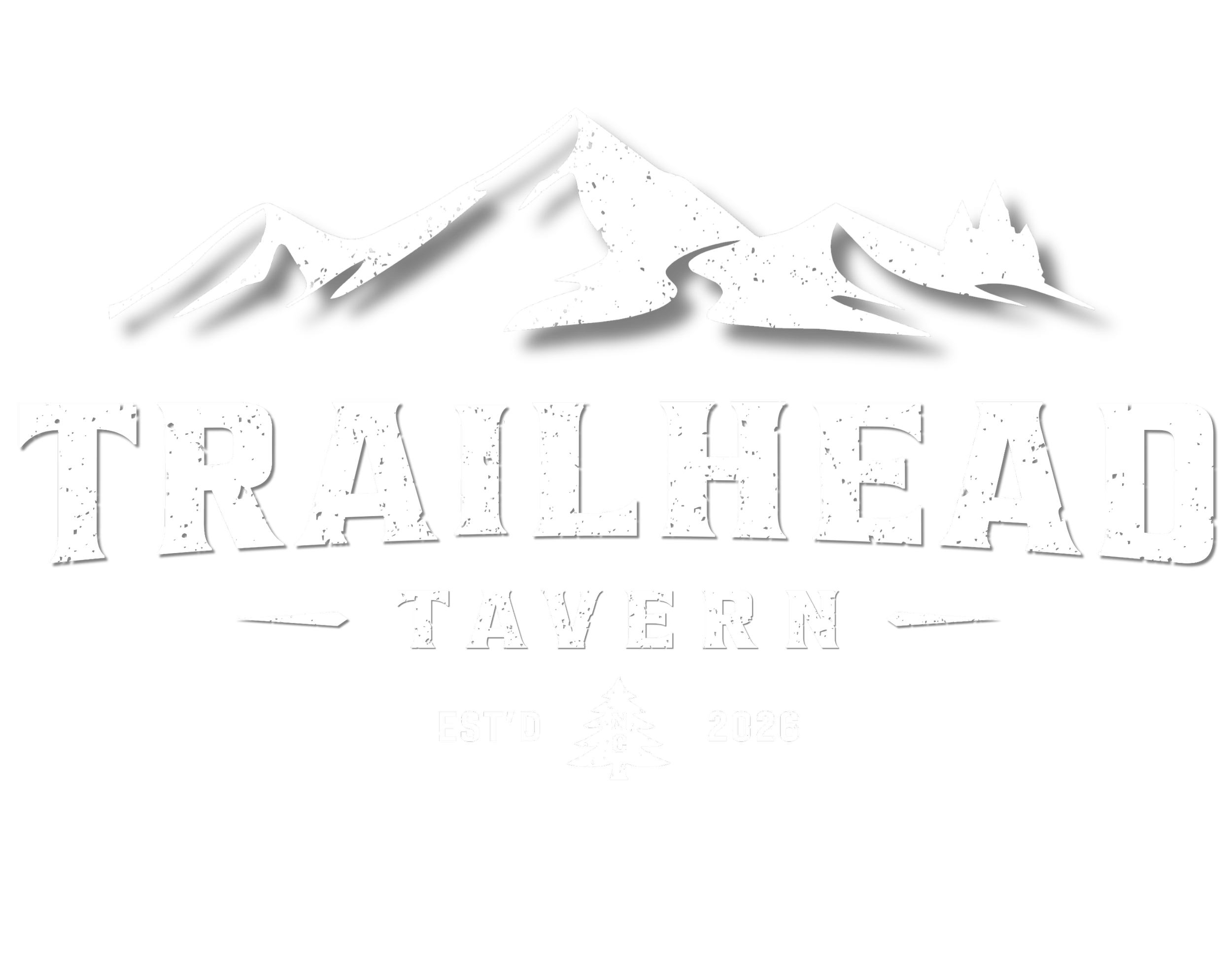 A black and white logo for Trailhead Tavern featuring Nevada City style mountain peaks, trees, and bold text with a distressed style.