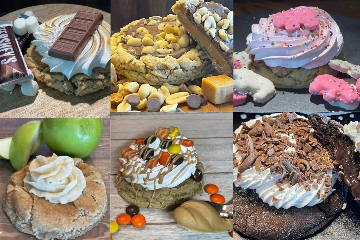 Collage of six different decorated cookies with various toppings and flavors.