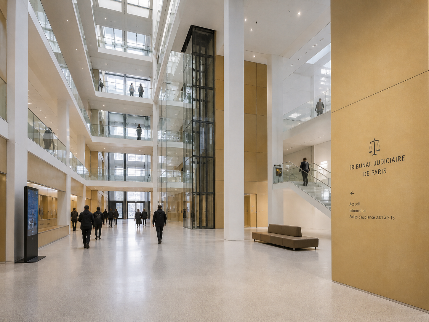 Intérieur moderne et spacieux du Tribunal Judiciaire de Paris avec des personnes marchant et utilisant un ascenseur, murs en beige et blanc, grande vitre, un banc et un panneau d'information.