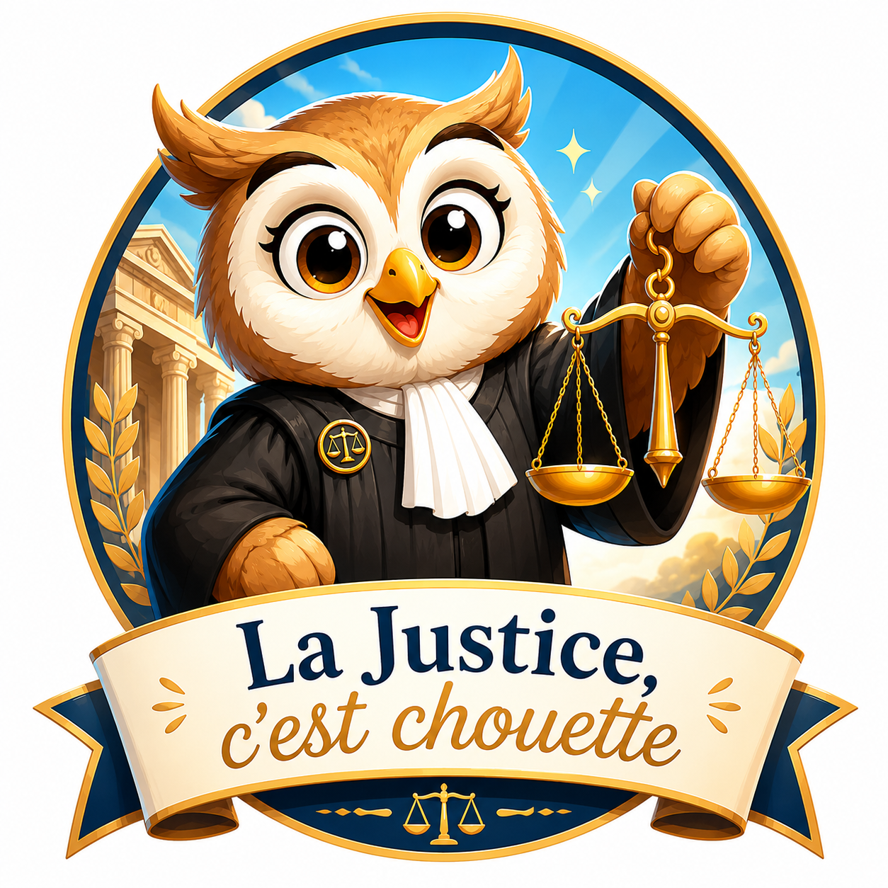 Une chouette anthropomorphe habillée en robe d'avocat, portant une balance de justice, avec un bâtiment à colonnes en arrière-plan, entourée de laurier, sous un ciel bleu. Le texte sur la bannière indique 'La Justice, c'est chouette'.