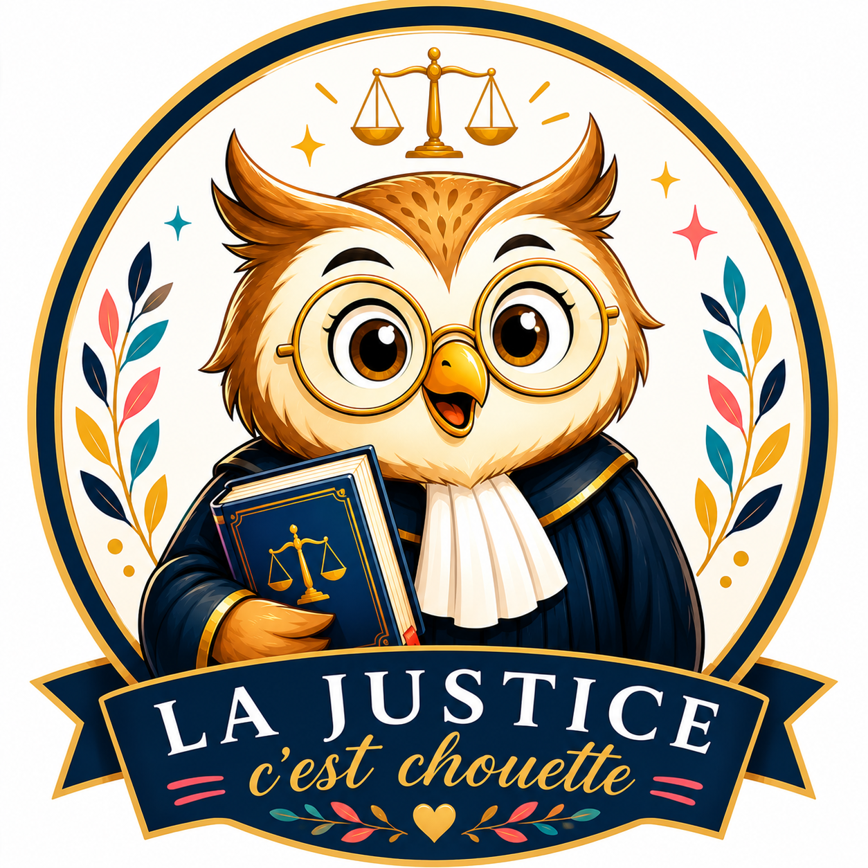 Une chouette anthropomorphe en vêtements de juge, portant des lunettes et tenant un livre avec une balance de justice sur la couverture. L'image a un fond décoratif avec des branches de chaque côté et un symbole de balance au-dessus. Le texte en bas dit 'LA JUSTICE c'est chouette'.