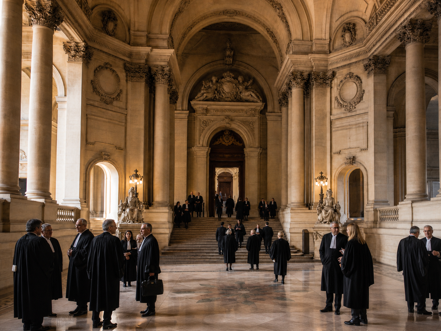 Intérieur d'un bâtiment ancien avec de grands escaliers, colonnes et statues, où des personnes en robe de robe d'avocat ou juge se tiennent et discutent.
