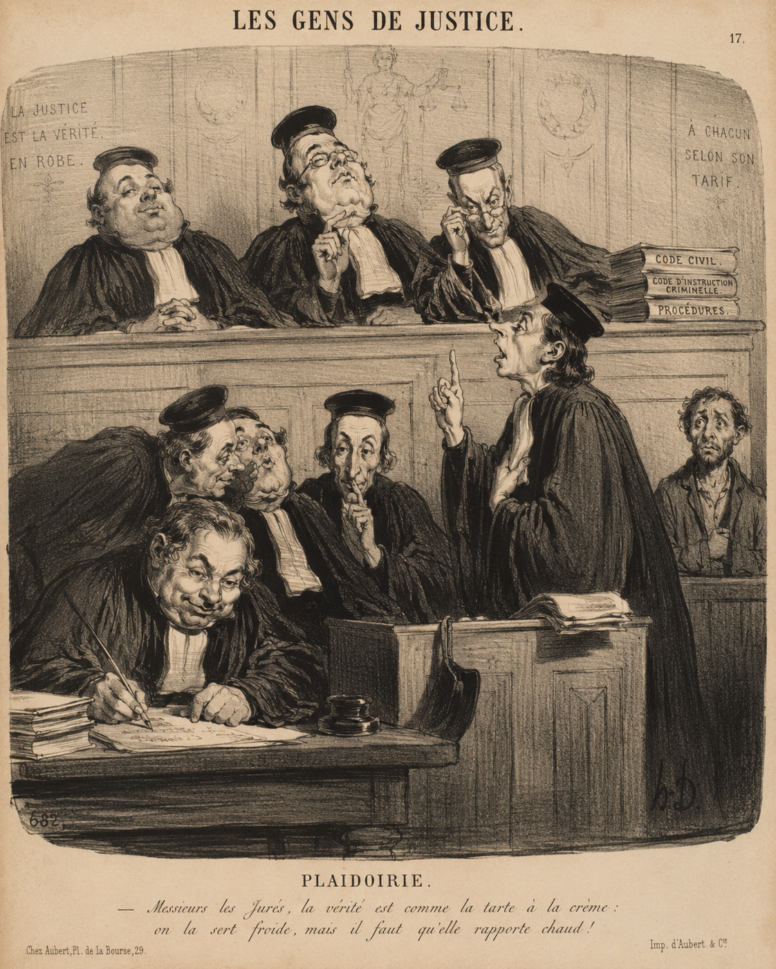Une caricature de juges en robe discutant lors d'un procès, avec un avocat debout et parlant, au sujet de la justice et des lois françaises, illustration ancienne en noir et blanc.