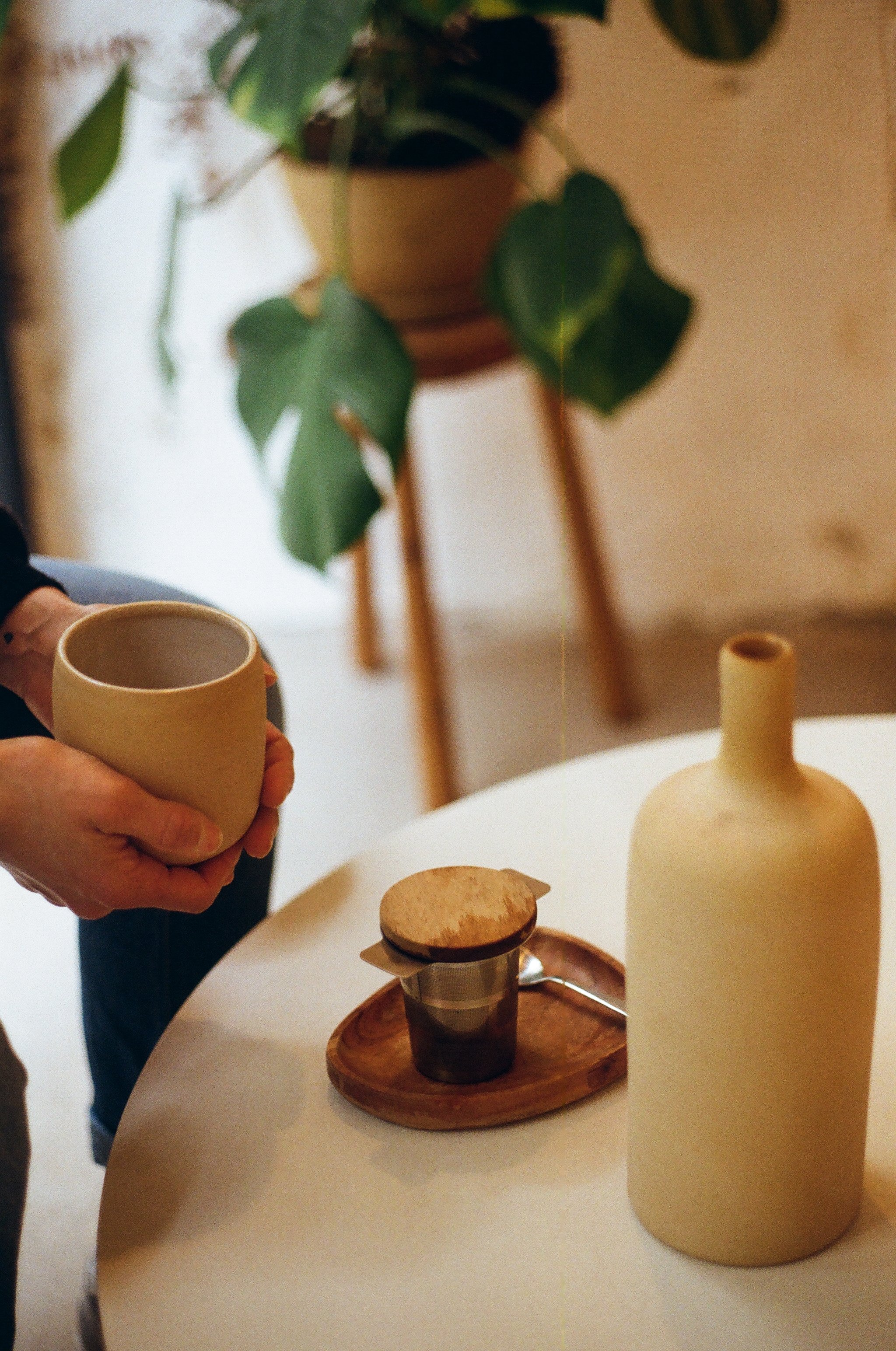 Une main tient une petite tasse beige en céramique, avec un fond rempli de plantes vertes dans des pots en terre cuite et d'autres objets en bois et en céramique sur une table blanche.