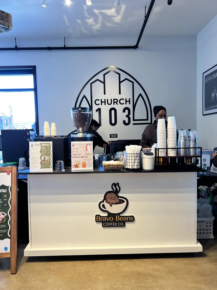 The Bravo Beans coffee cart set up at Church 103