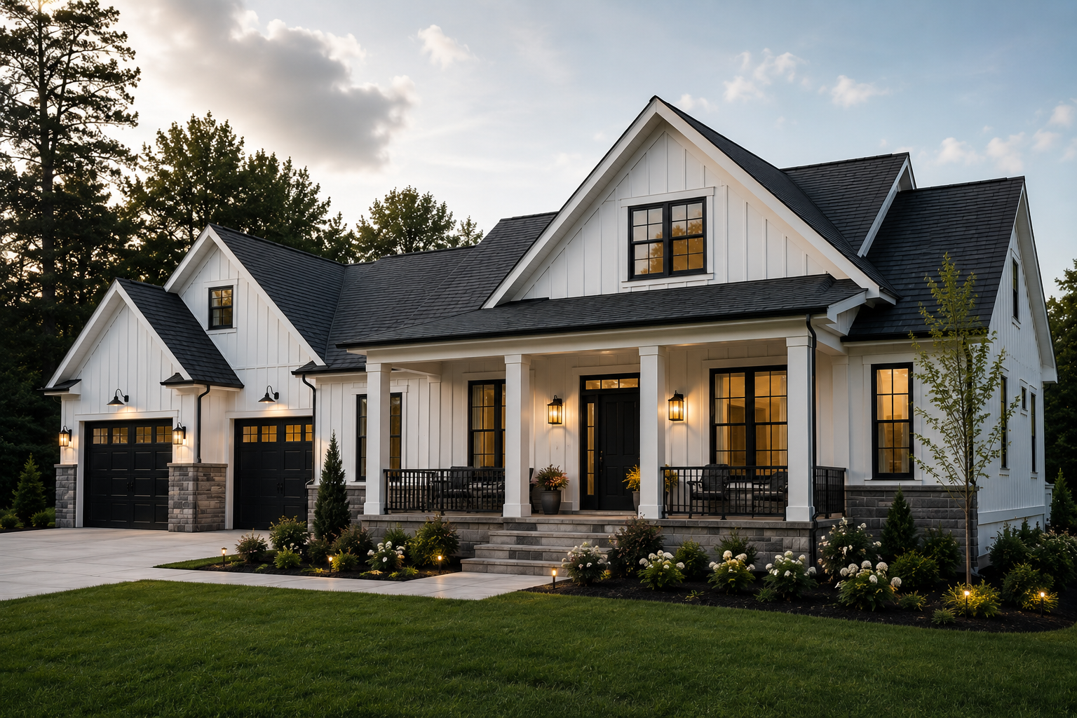 Modern white house with black accents, front porch, landscaping, and attached garage, during sunset.