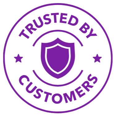 Purple circular badge with the text 'Trusted by Customers' around a shield icon.