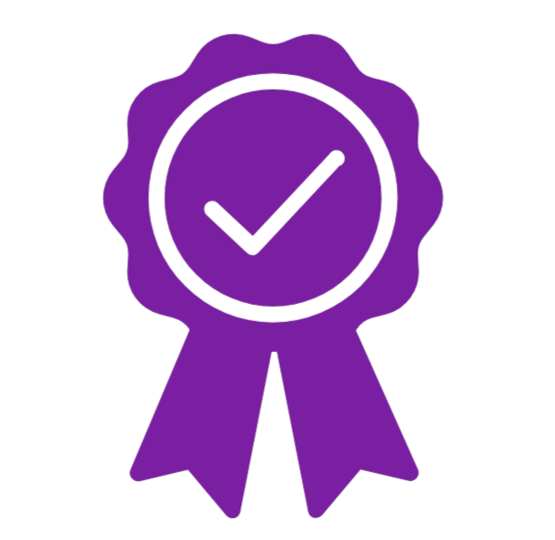 Purple award badge with a checkmark in the center.