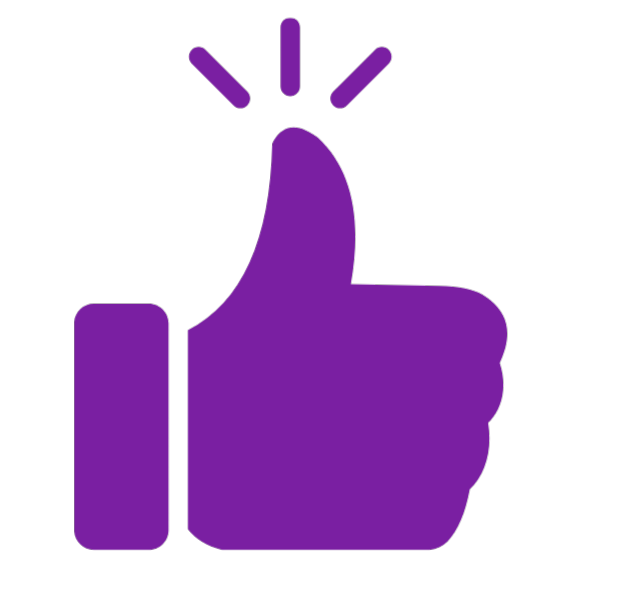 Purple thumbs-up hand icon with lines radiating from the thumb