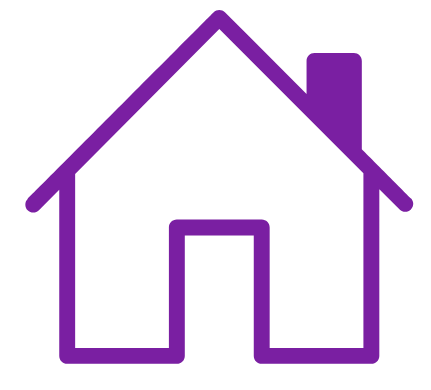 A purple outline of a house with a triangular roof, a chimney on the right side, and a central door.