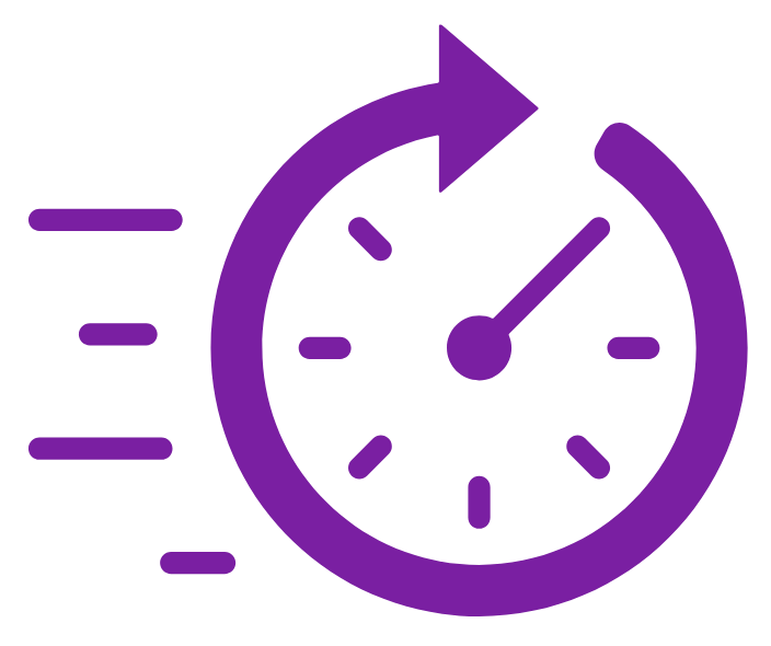 Purple stopwatch with motion lines indicating speed or time efficiency