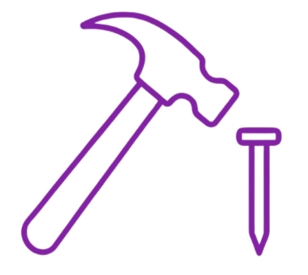 Neon outline of a hammer and nail on a black background.