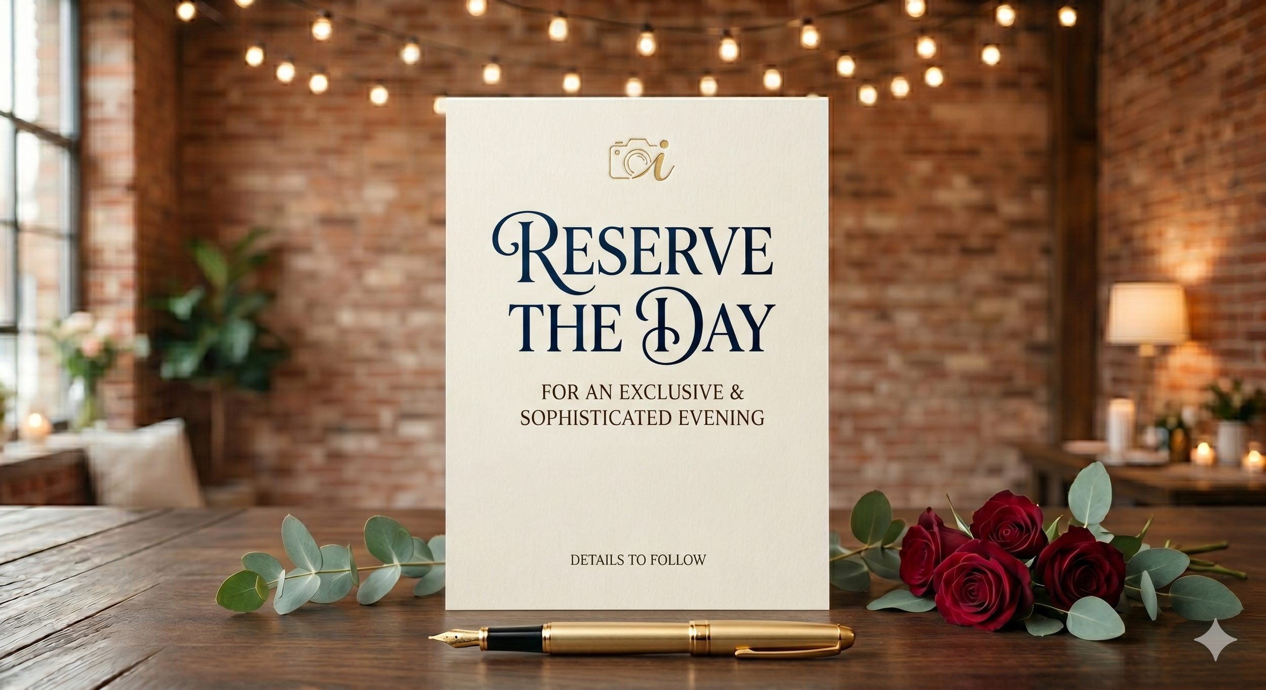 A printed reservation notice on a table with red roses and green leaves, set in a rustic-styled room with brick walls and hanging lights in the background.