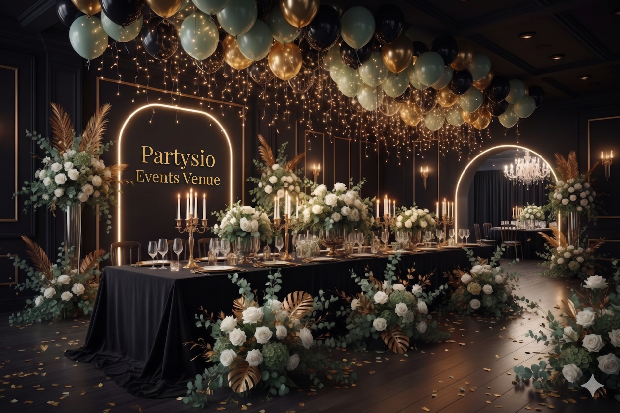 Elegant event venue decorated with gold, black, and white balloons and fairy lights, featuring a long table set with white flowers, candles, and glassware, with a sign reading 'Partysio Events Venue'