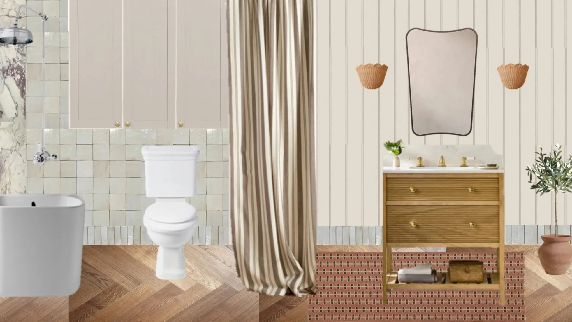 Bathroom moodboard for Binky Felstead, featuring zellige, marble and wood flooring.